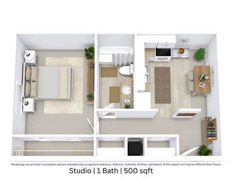 This is a 3D-floor plan providing a detailed, angled view of the space with room layouts, furniture placement, and spatial flow. Features a Studio, 1 bathroom/s, and approximately 580 Sq. Ft